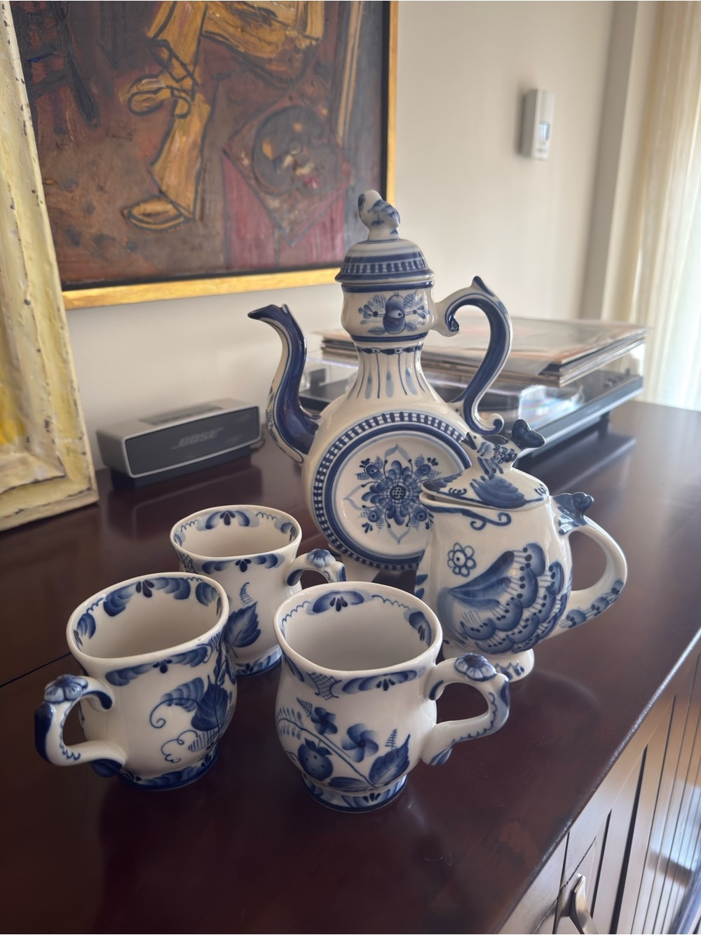 Gzhel Blue & White Floral Porcelain Tea Set